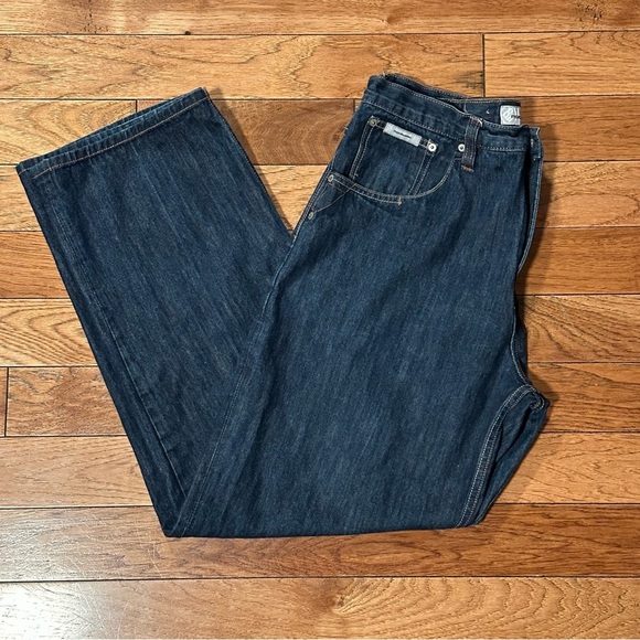 ROCAWEAR Men’s Y2K Baggy Wide-leg Dark Wash Denim Jeans Size 36 Embroidered RW - Picture 1 of 11